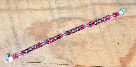 Beaded Bracelet Red, Black, Gray, White Cross Design