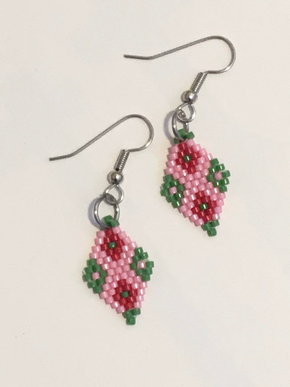 Diamond Pink Green Brickstitch Earrings