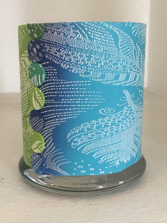 Vase Glass Blue Green Silkscreen Polymer Clay Covered