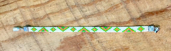 Loom Beaded White Narrow Bracelet with Green  and Orange