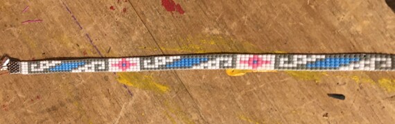 Loom Beaded Narrow Bracelet Turquoise, Gray, White and Pink
