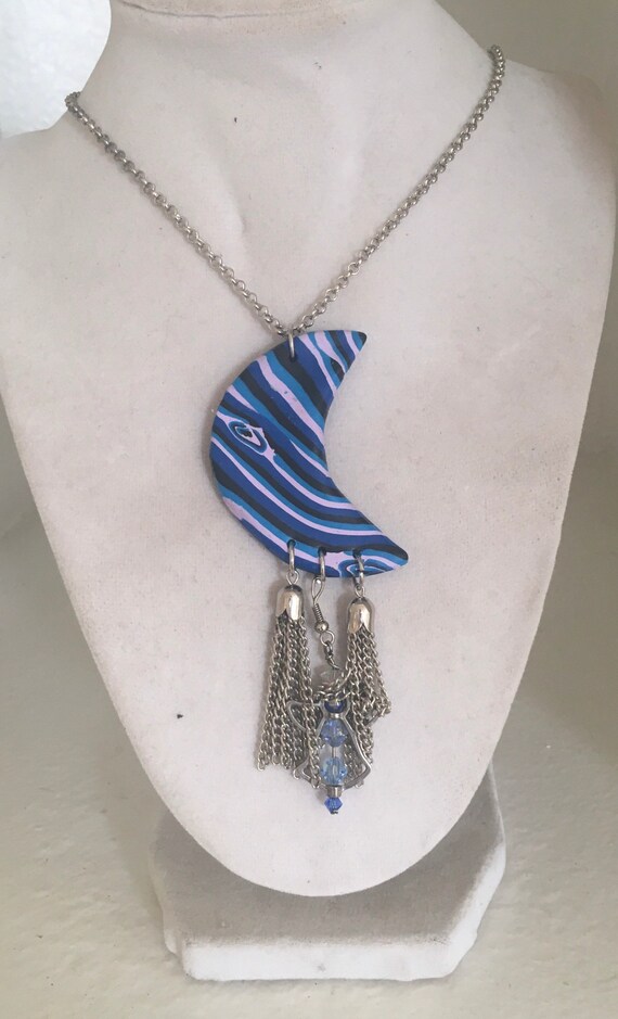 Moon Angel Polymer Clay Pendant Necklace with Dangles