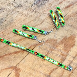 Loom Beaded 3 Piece Set Narrow Bracelet , Earrings & Small Hair Barrettes
