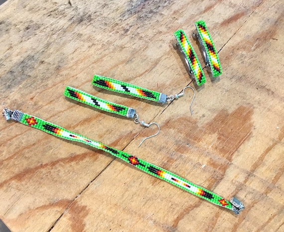 Loom Beaded 3 Piece Set Narrow Bracelet , Earrings & Small Hair Barrettes