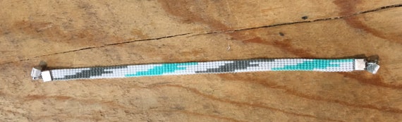 Aqua White Gray Loom Beaded Narrow Bracelet