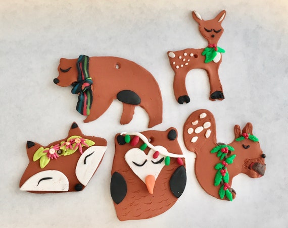 Mini Woodland Creatures Christmas Ornaments in Terra Cotta Polymer Clay