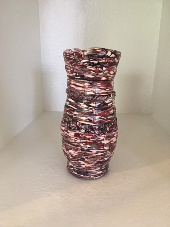 Textured Polymer Clay/Glass Vase in Red Tones