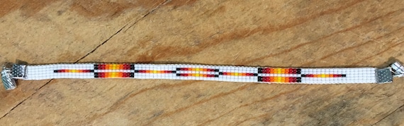 White Loom Beaded Narrow Bracelet With Rectangular Design