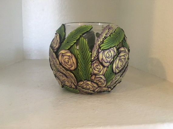 Decorated Round Glass Vase with Polymer Clay