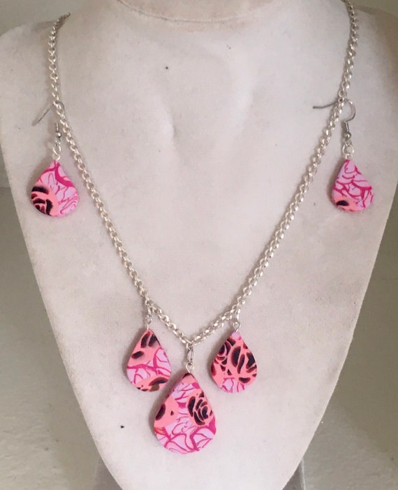 Teardrop Rose Polymer Clay Pendant Necklace