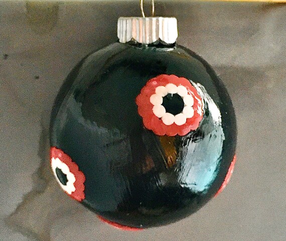 Glass Ornament Black with Red and White Design in Polymer Clay