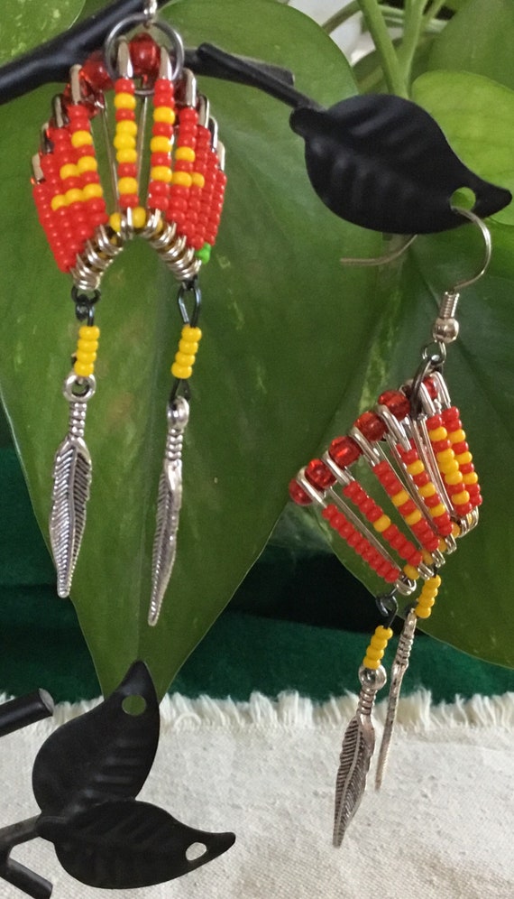 War Bonnet Red Beaded Pierced Earrings