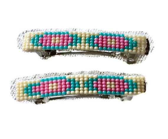 Blue/ Pink Medium Loom Beaded Hair Barrette Pair