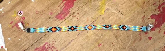 Turquoise, Black & Fire Color Narrow Loom Beaded Bracelet