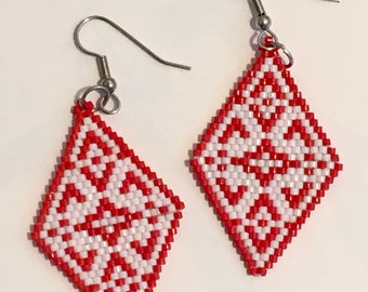 Red and White Brickstitch Beaded Diamond Shape Earrings