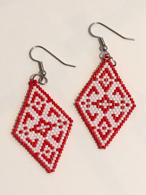 Red and White Brickstitch Beaded Diamond Shape Earrings