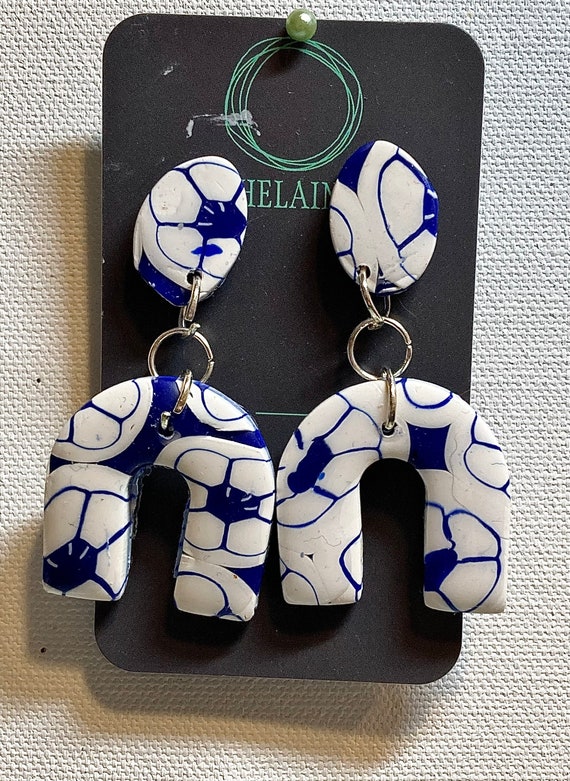 Handcrafted Blue and White Polymer Clay Arch Earrings