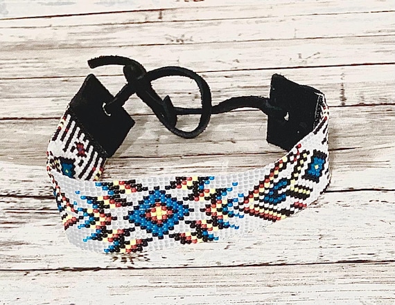 Beaded  Bracelet  Blue Diamond with Leather Ties