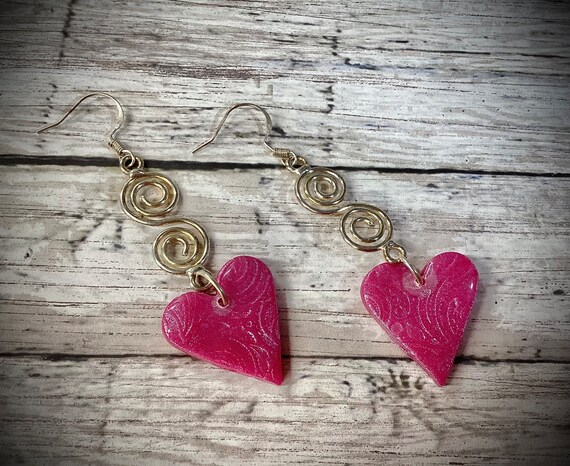 Handcrafted Polymer Clay Hearts and Swirls Drop Earrings