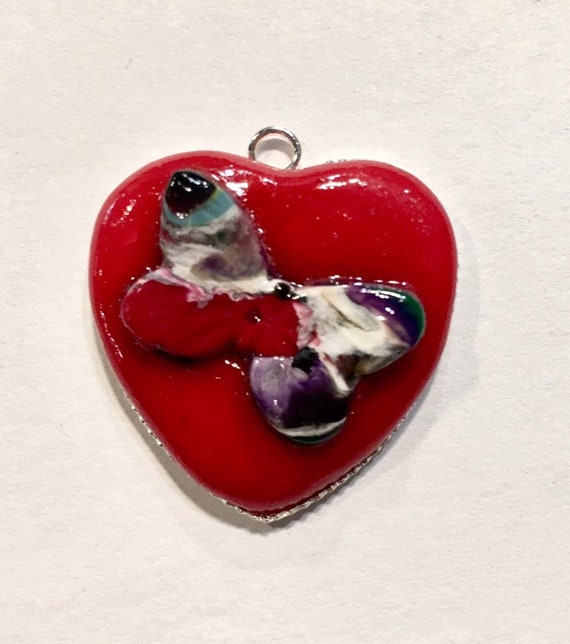 Red Heart With Butterfly Polymer Clay Pendant