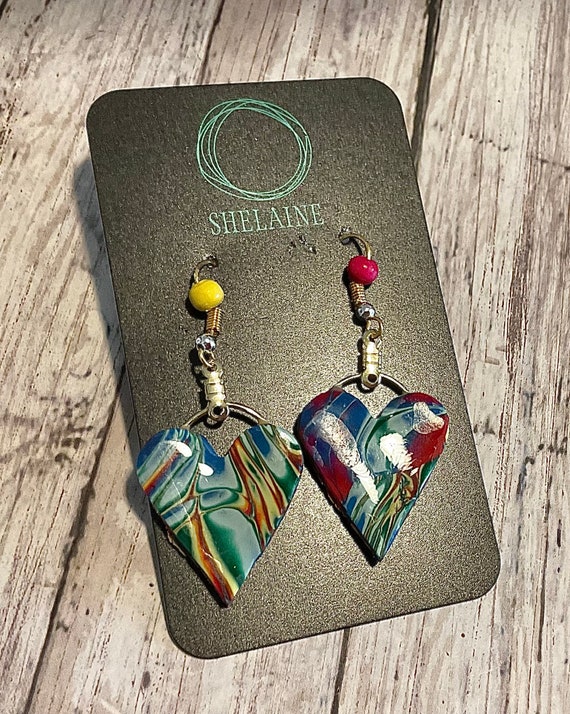 Summer Bright Polymer Clay Heart Earrings with Bead