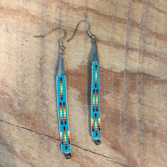 Loom Beaded Turquoise Long Drop Earrings