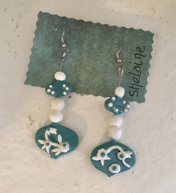 Dangle Earrings in Blue and White Polymer Clay