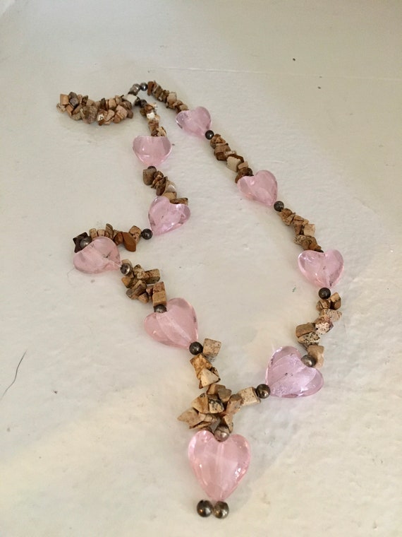 Pink Heart and Natural Stone Bead Necklace