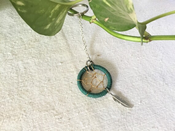 Green Dreamcatcher Keychain with Feather Charm