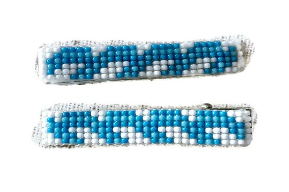Blue/White Medium Loom Beaded Hair Barrette Pair