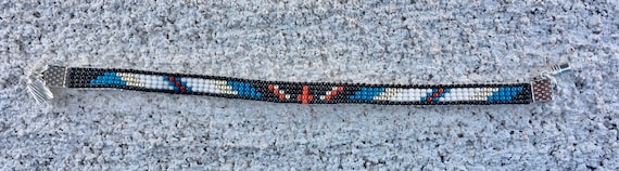 Black Blue White Narrow Loom Beaded Bracelet With Silver Accents