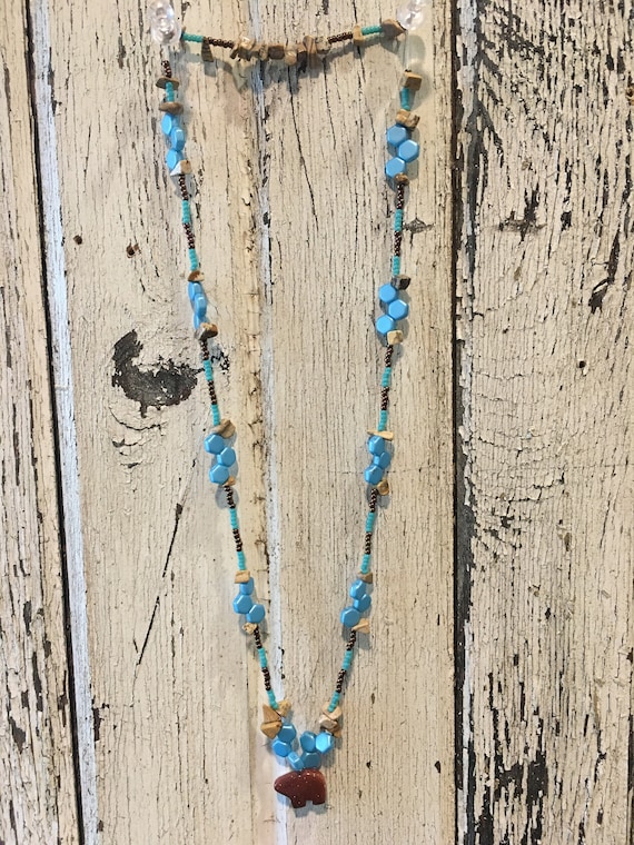 Southwest Inspired Turquoise Copper and Stone Necklace with Bear Pendant
