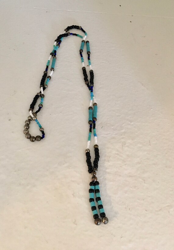 Turquoise Black and White Single Strand Beaded Necklace