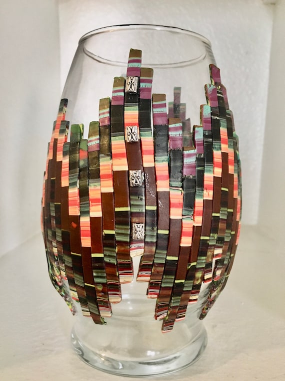 Decorated Glass Vase With Bargello Pattern Polymer Clay
