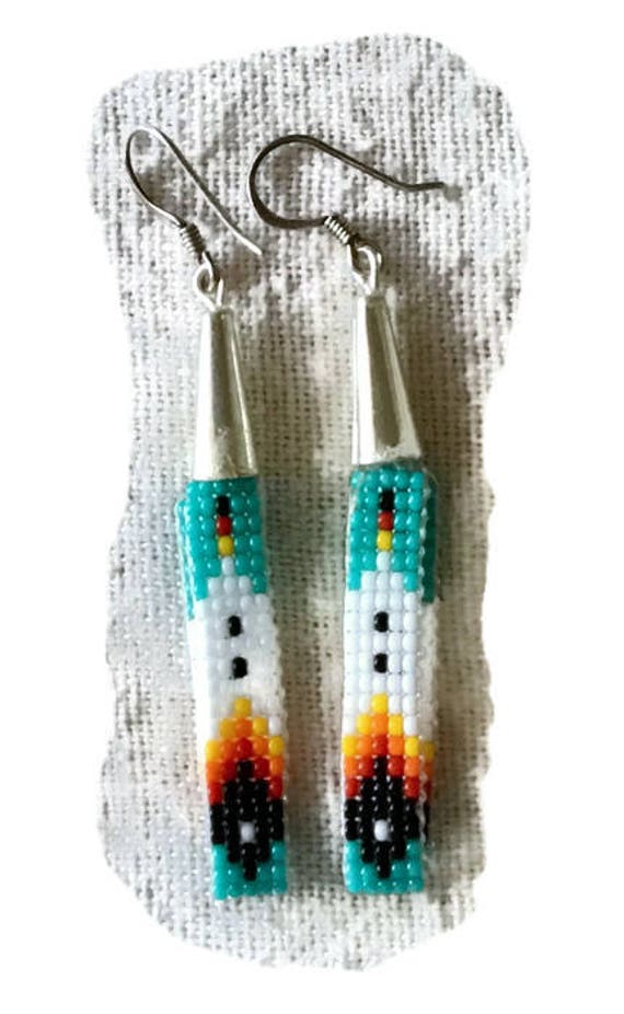 Blue Feather Pattern Beaded Earrings