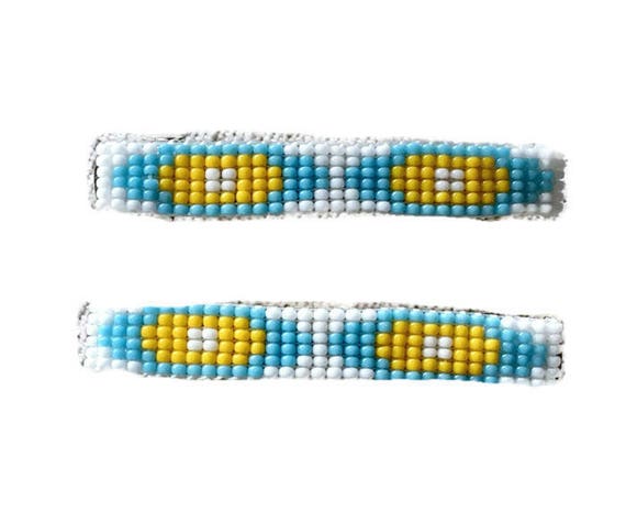White/Blue/Yellow Medium Loom Beaded Hair Barrette Pair