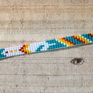 Turquoise and Bright Color Loom Beaded Bracelet with Feather Pattern