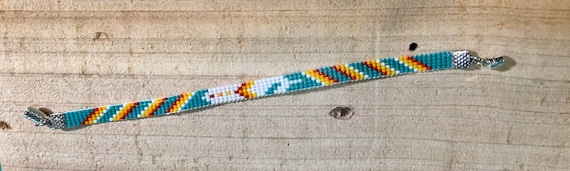 Turquoise and Bright Color Loom Beaded Bracelet with Feather Pattern