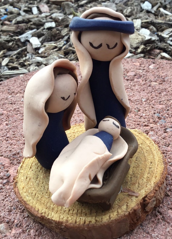 Handcrafted Nativity Blue/Beige on Wood Base