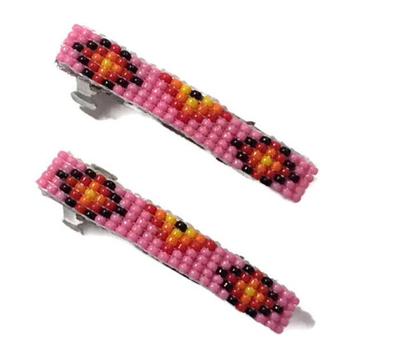 Pink Small Loom Beaded Hair Barrette Pair