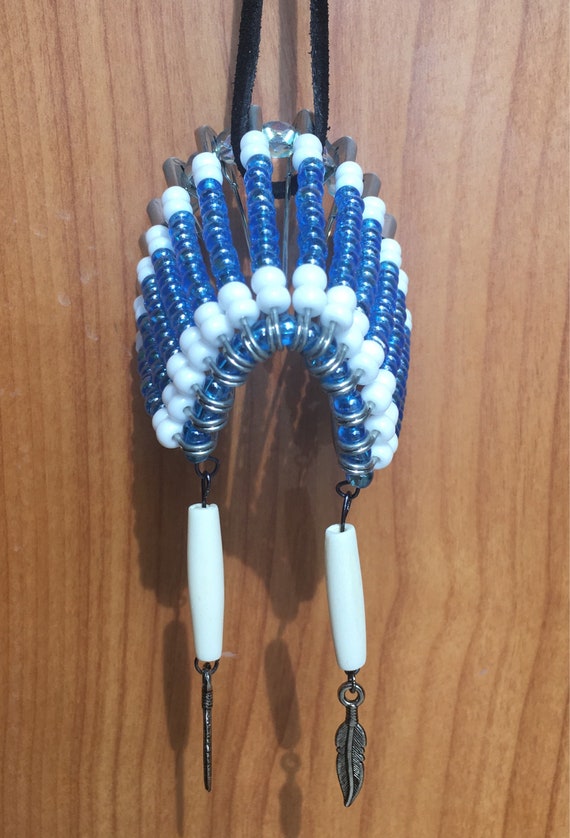 Blue and Bone War Bonnet Beaded Car Mirror Hanger
