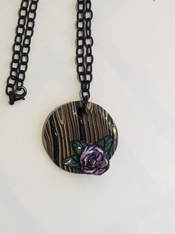 Handcrafted Woodlook Polymer Clay Pendant with Rose