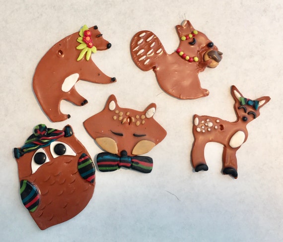 Mini Woodland Creatures Christmas Ornaments in Terra Cotta Polymer Clay