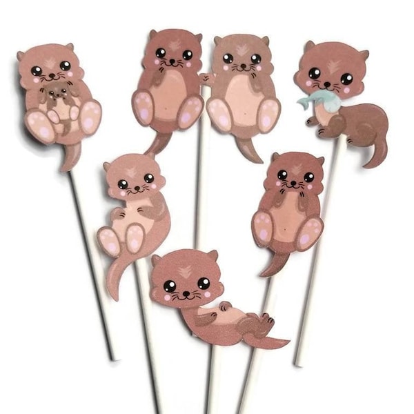 Otter cupcake toppers - set of 12, otter cake topper, otter centerpiece, otter party