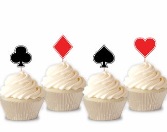 Casino themed cupcake toppers - set of 12, casino theme, playing cards, diamond, spade, club, heart