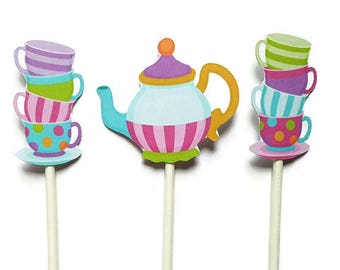 Tea party cupcake toppers - set of 12, cake toppers, tea party centerpiece, tea party cake topper