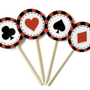 Décorations pour cupcakes sur le thème du casino - lot de 12, thème du casino, jetons de poker, cartes à jouer