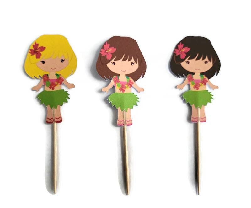 Luau themed cupcake toppers -set of 12, hula girl, pineapple, tiki, hibiscus, Hawaiian theme, aloha