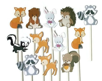 Woodland theme cupcake toppers - set of 12, deer, skunk, raccoon, hedgehog, fox, owl cupcake