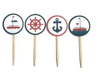 Nautical themed cupcake toppers, double sided - set of 12, sailboat, anchor, nautical decor, nautical party, ahoy